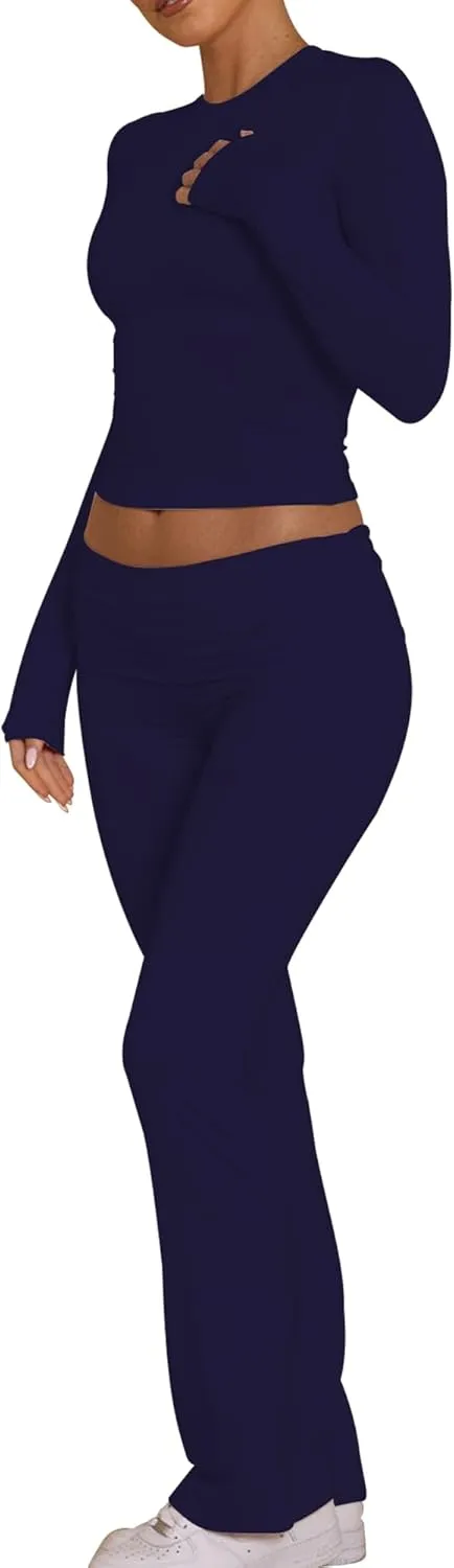 BORIFLORS Women's Workout 2 Piece Lounge Sets Long Sleeve Tops Foldover Flare Pants Casual Outfits Tracksuit