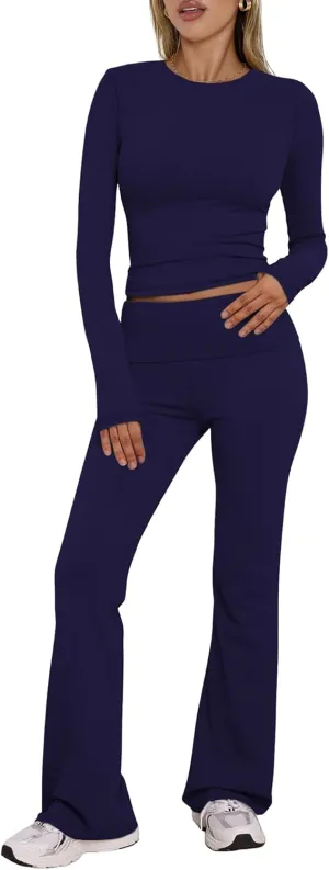 BORIFLORS Women's Workout 2 Piece Lounge Sets Long Sleeve Tops Foldover Flare Pants Casual Outfits Tracksuit