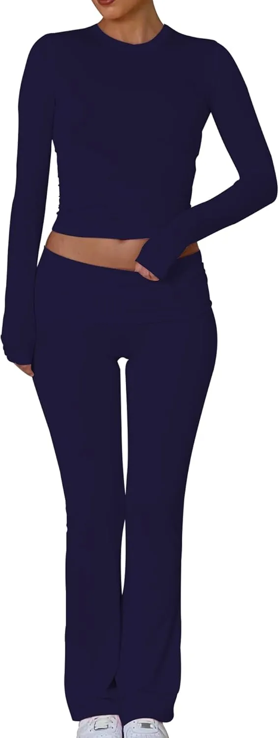 BORIFLORS Women's Workout 2 Piece Lounge Sets Long Sleeve Tops Foldover Flare Pants Casual Outfits Tracksuit