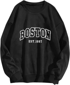 Boston Sweatshirts for Women Letter Print Crewneck Oversized Pullover Long Sleeve Sweaters Fall Clothes Trendy Outfits