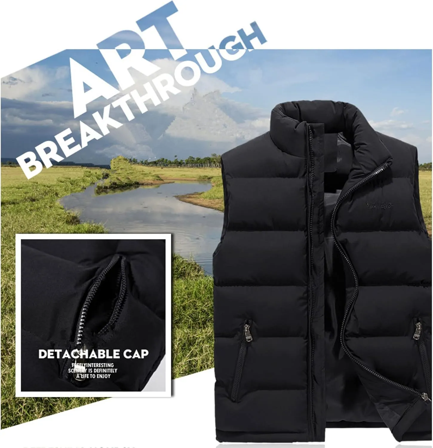 Bowanadacles Men Down Vest Waistcoat Solid Color Stand Collar Sleeveless Zipper Jacket Autumn Winter Casual Warm Outerwear