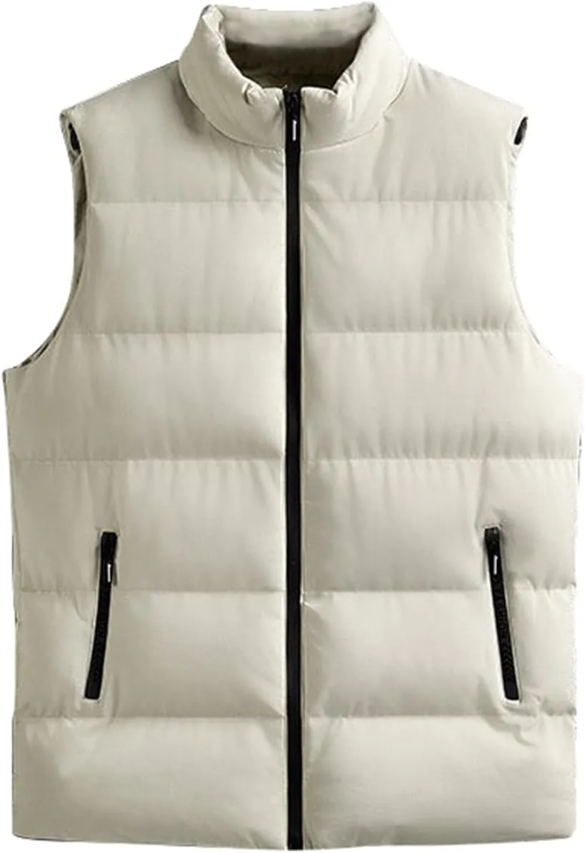 Bowanadacles Men Down Vest Waistcoat Solid Color Stand Collar Sleeveless Zipper Jacket Autumn Winter Casual Warm Outerwear