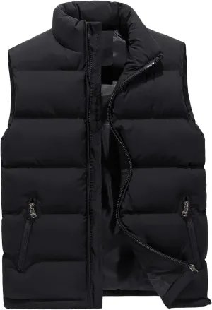 Bowanadacles Men Down Vest Waistcoat Solid Color Stand Collar Sleeveless Zipper Jacket Autumn Winter Casual Warm Outerwear