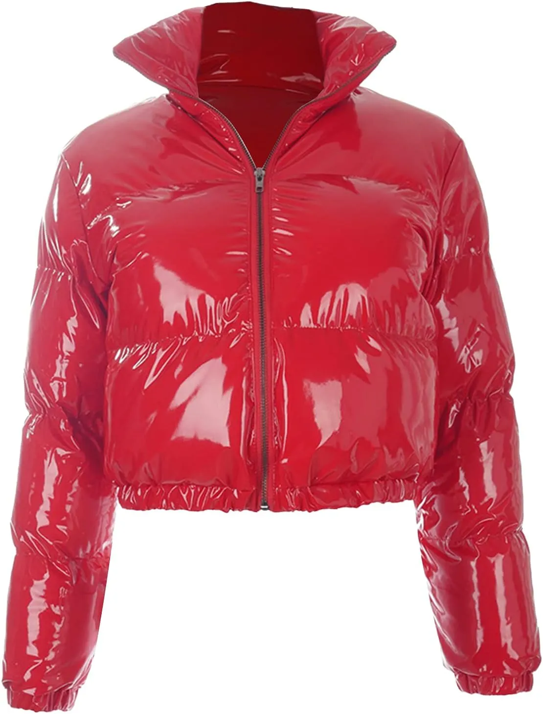 Bowanadacles Women Colorful Patent Leather Down Jacket Long Sleeve Stand Collar Quilted Puffer Jackets Cropped Outwear