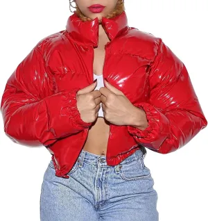 Bowanadacles Women Colorful Patent Leather Down Jacket Long Sleeve Stand Collar Quilted Puffer Jackets Cropped Outwear