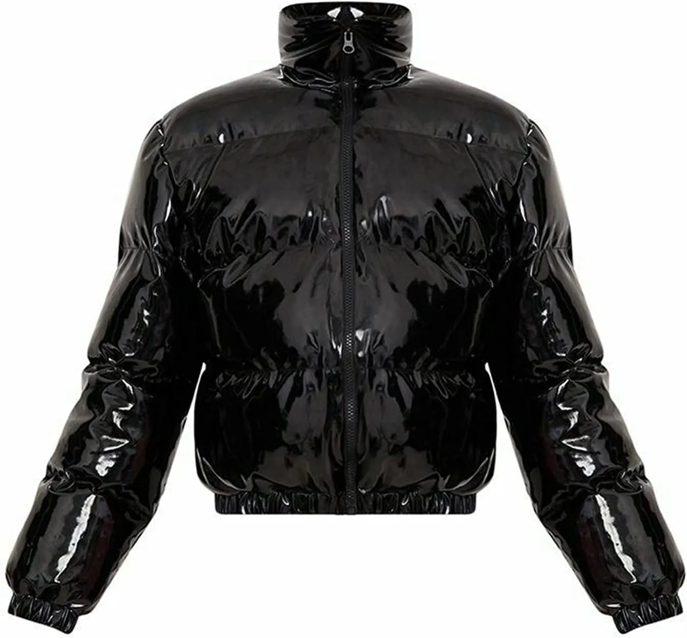 Bowanadacles Women Colorful Patent Leather Down Jacket Long Sleeve Stand Collar Quilted Puffer Jackets Cropped Outwear