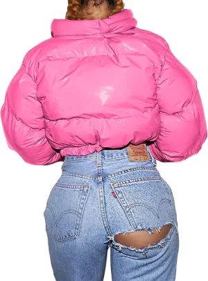Bowanadacles Women Colorful Patent Leather Down Jacket Long Sleeve Stand Collar Quilted Puffer Jackets Cropped Outwear