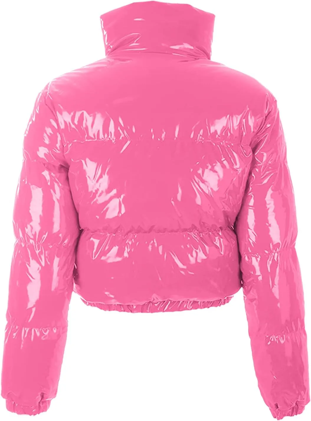 Bowanadacles Women Colorful Patent Leather Down Jacket Long Sleeve Stand Collar Quilted Puffer Jackets Cropped Outwear