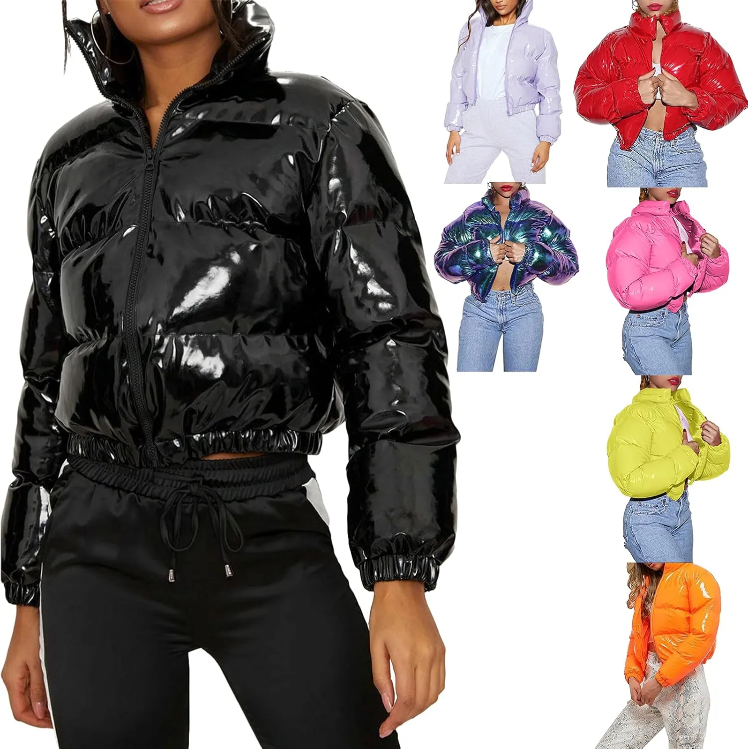 Bowanadacles Women Colorful Patent Leather Down Jacket Long Sleeve Stand Collar Quilted Puffer Jackets Cropped Outwear