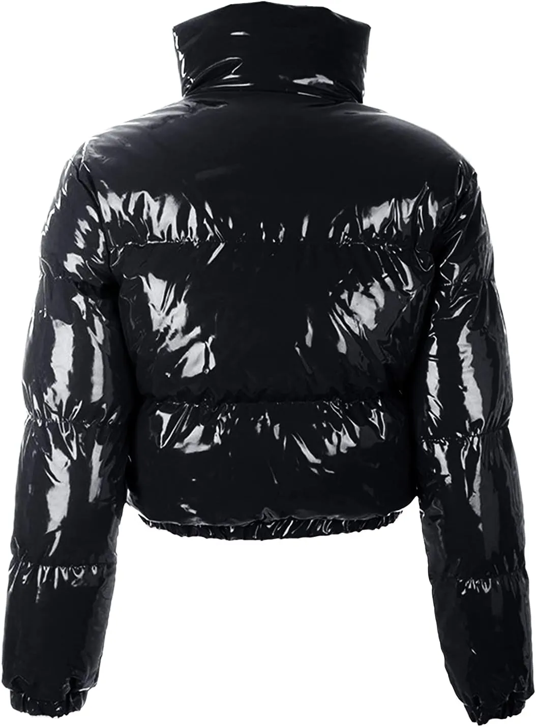 Bowanadacles Women Colorful Patent Leather Down Jacket Long Sleeve Stand Collar Quilted Puffer Jackets Cropped Outwear