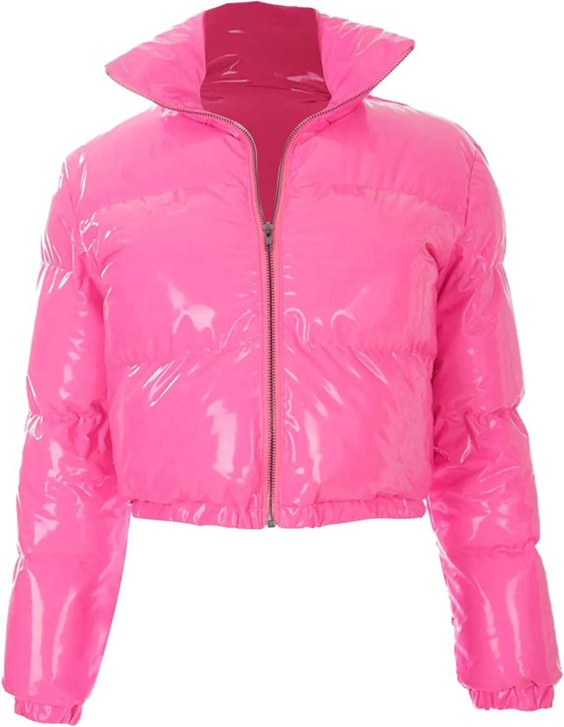 Bowanadacles Women Colorful Patent Leather Down Jacket Long Sleeve Stand Collar Quilted Puffer Jackets Cropped Outwear