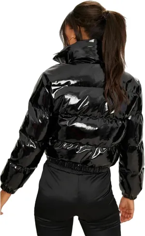 Bowanadacles Women Colorful Patent Leather Down Jacket Long Sleeve Stand Collar Quilted Puffer Jackets Cropped Outwear