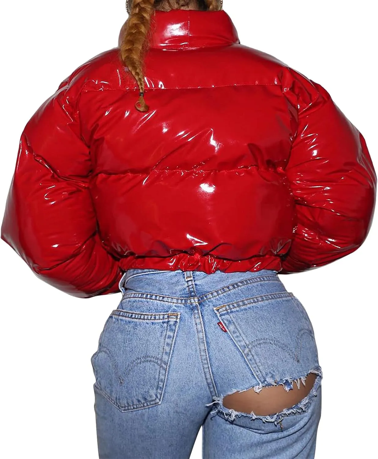 Bowanadacles Women Colorful Patent Leather Down Jacket Long Sleeve Stand Collar Quilted Puffer Jackets Cropped Outwear