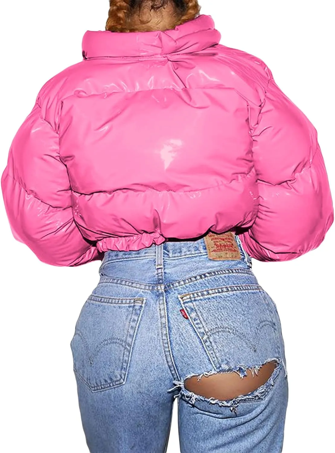 Bowanadacles Women Colorful Patent Leather Down Jacket Long Sleeve Stand Collar Quilted Puffer Jackets Cropped Outwear