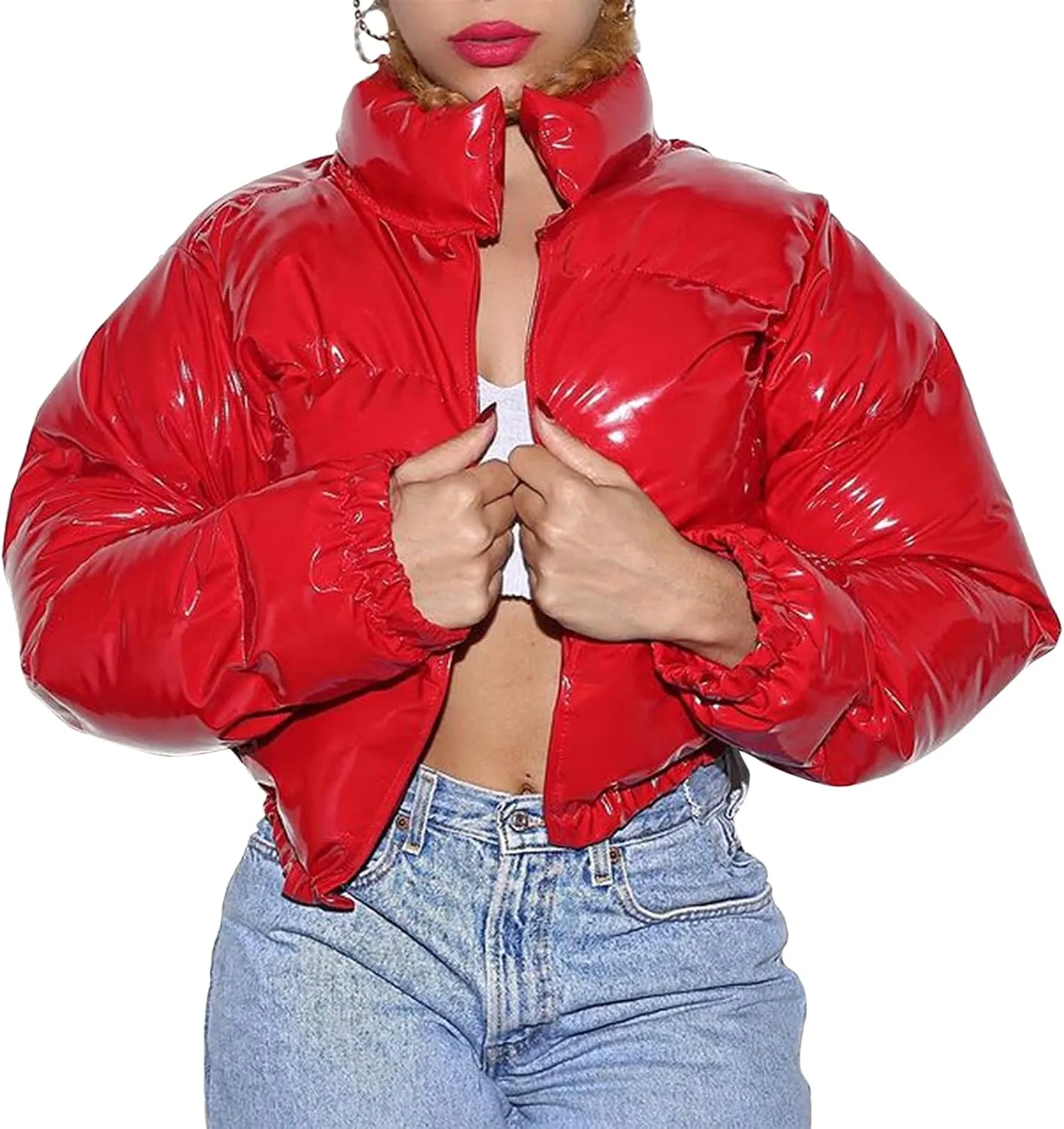 Bowanadacles Women Colorful Patent Leather Down Jacket Long Sleeve Stand Collar Quilted Puffer Jackets Cropped Outwear