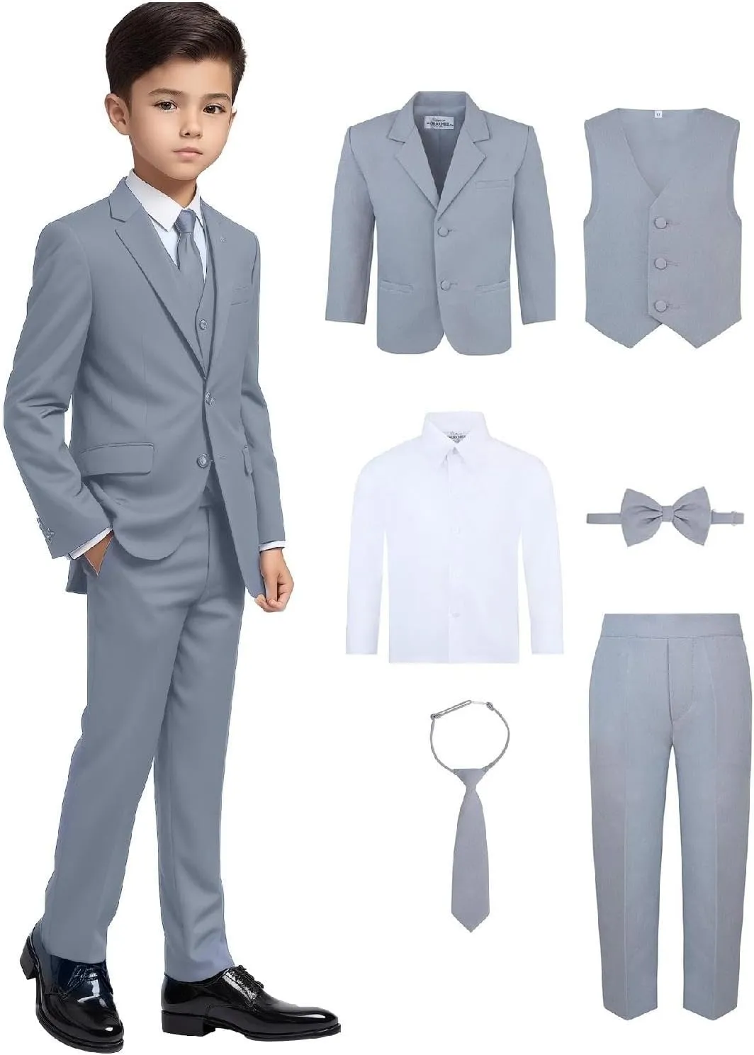Boy's 6-Piece Formal Suit Set  Includes Suit Jacket, Comfort Waist Dress Pants, Vest, Dress Shirt, Necktie & Bow Tie