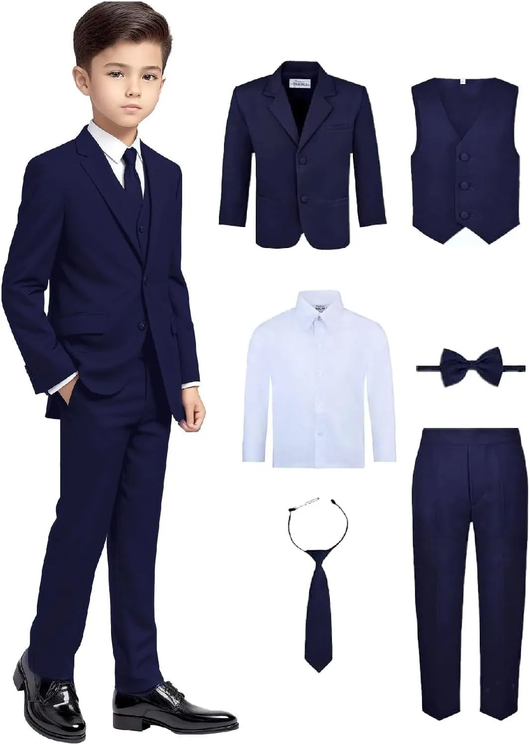 Boy's 6-Piece Formal Suit Set  Includes Suit Jacket, Comfort Waist Dress Pants, Vest, Dress Shirt, Necktie & Bow Tie