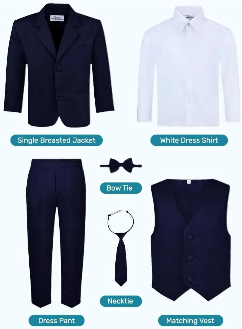 Boy's 6-Piece Formal Suit Set  Includes Suit Jacket, Comfort Waist Dress Pants, Vest, Dress Shirt, Necktie & Bow Tie