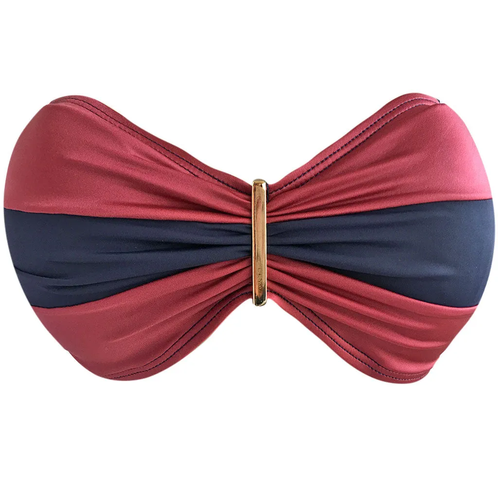 Brigitte Lara Striped Color Block Bandeau Bikini - Navy Blue and Red