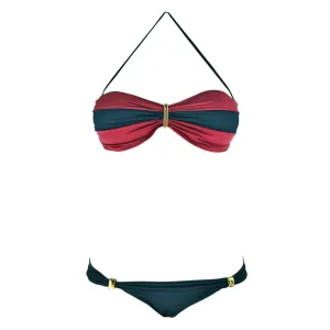 Brigitte Lara Striped Color Block Bandeau Bikini - Navy Blue and Red
