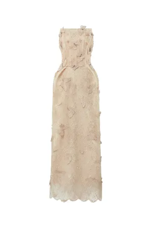 Butterfly Reverie Strapless Embroidered Lace Maxi Dress
