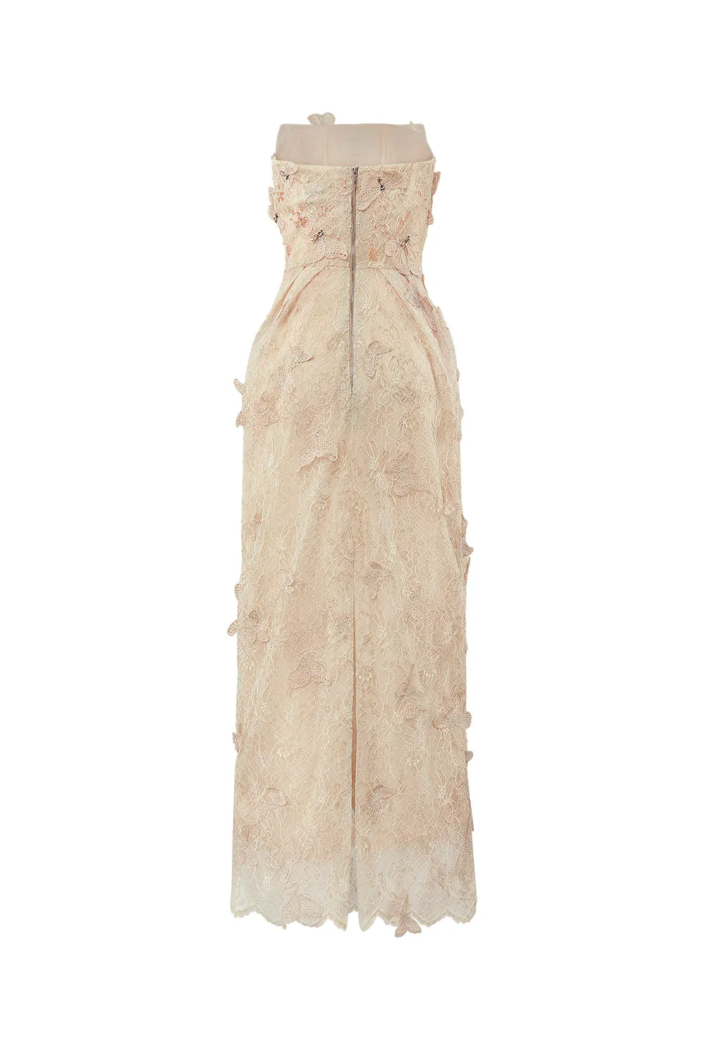 Butterfly Reverie Strapless Embroidered Lace Maxi Dress