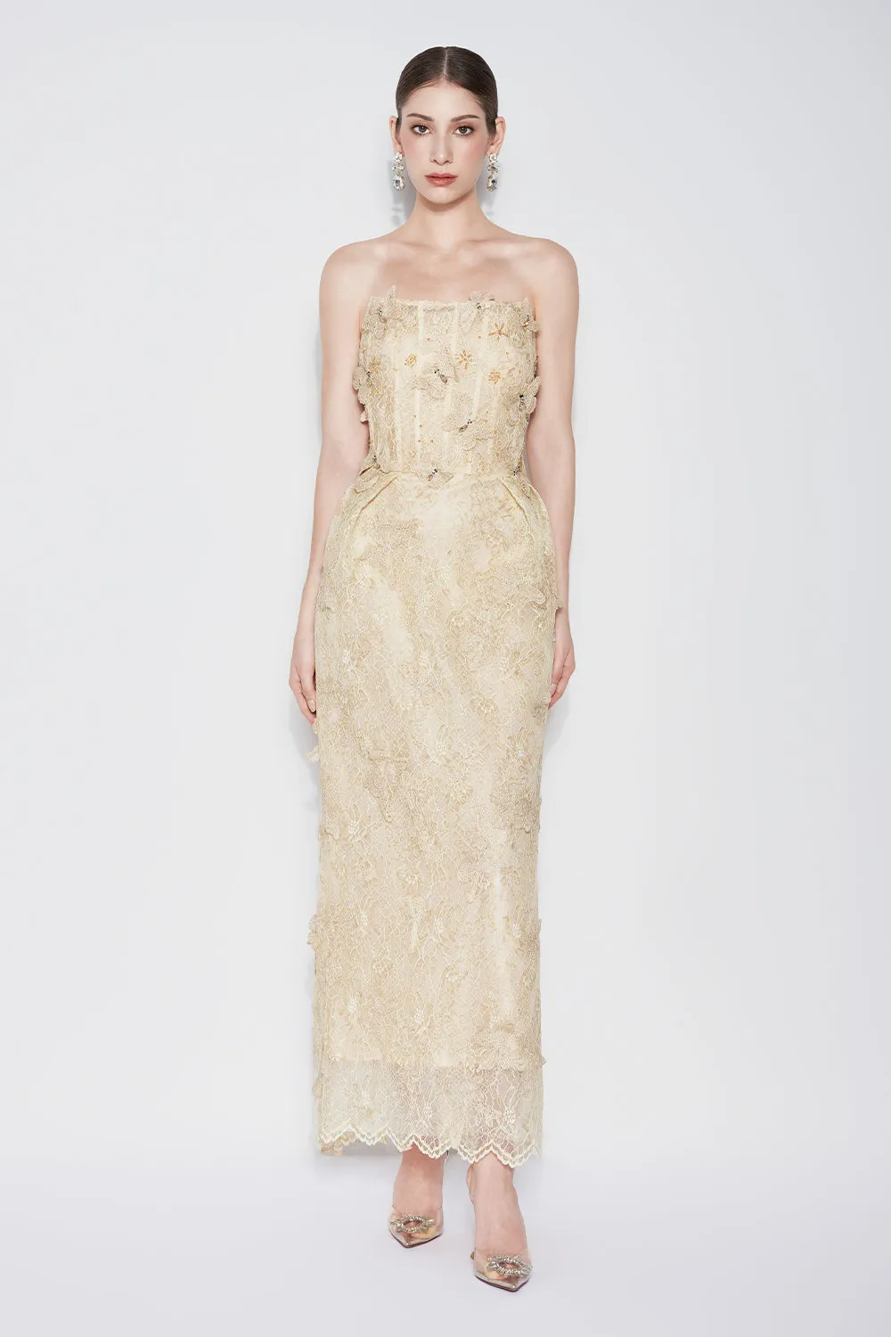 Butterfly Reverie Strapless Embroidered Lace Maxi Dress