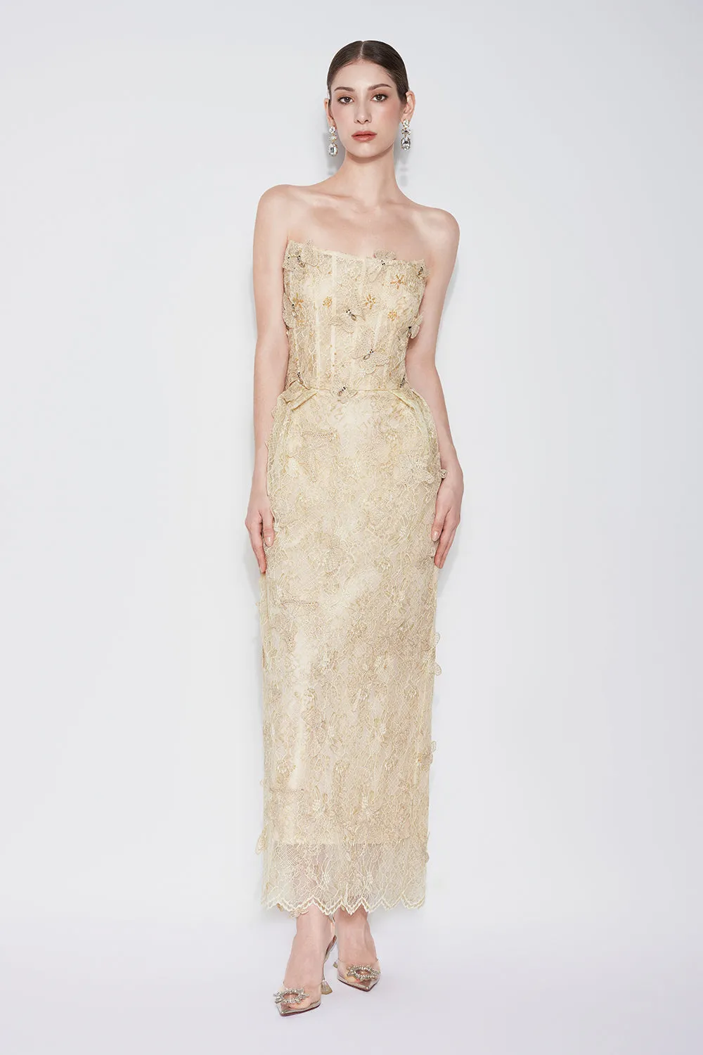 Butterfly Reverie Strapless Embroidered Lace Maxi Dress