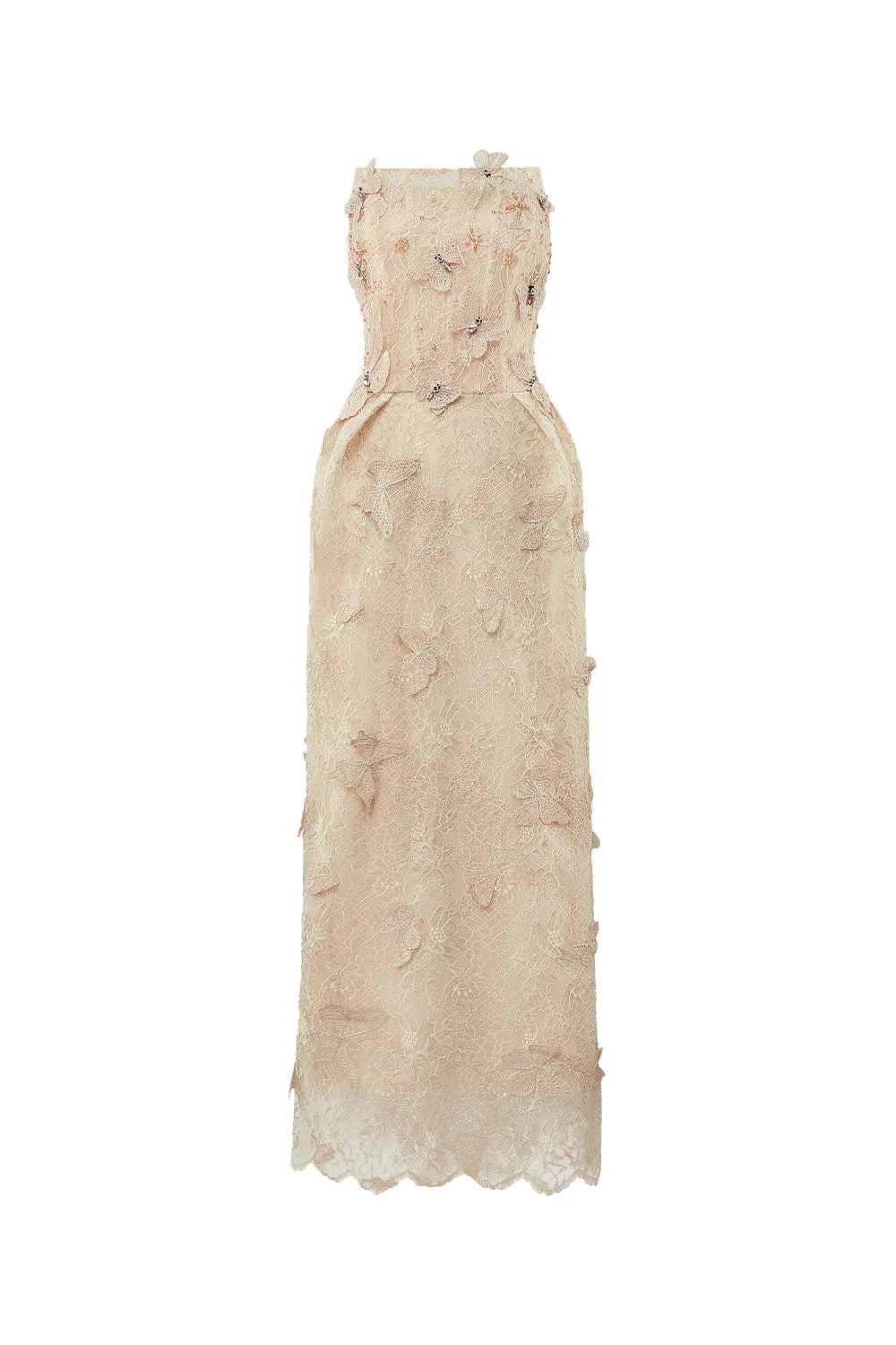 Butterfly Reverie Strapless Embroidered Lace Maxi Dress