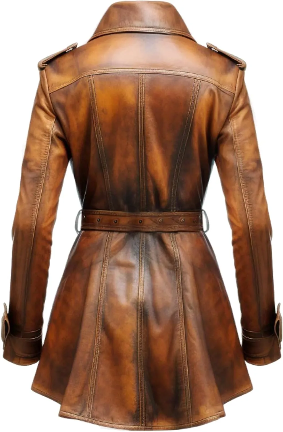 Camel Waxed Distressed Designer Women Real Leather Trench Coat Blazar