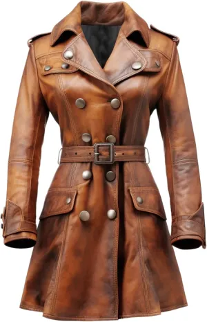 Camel Waxed Distressed Designer Women Real Leather Trench Coat Blazar