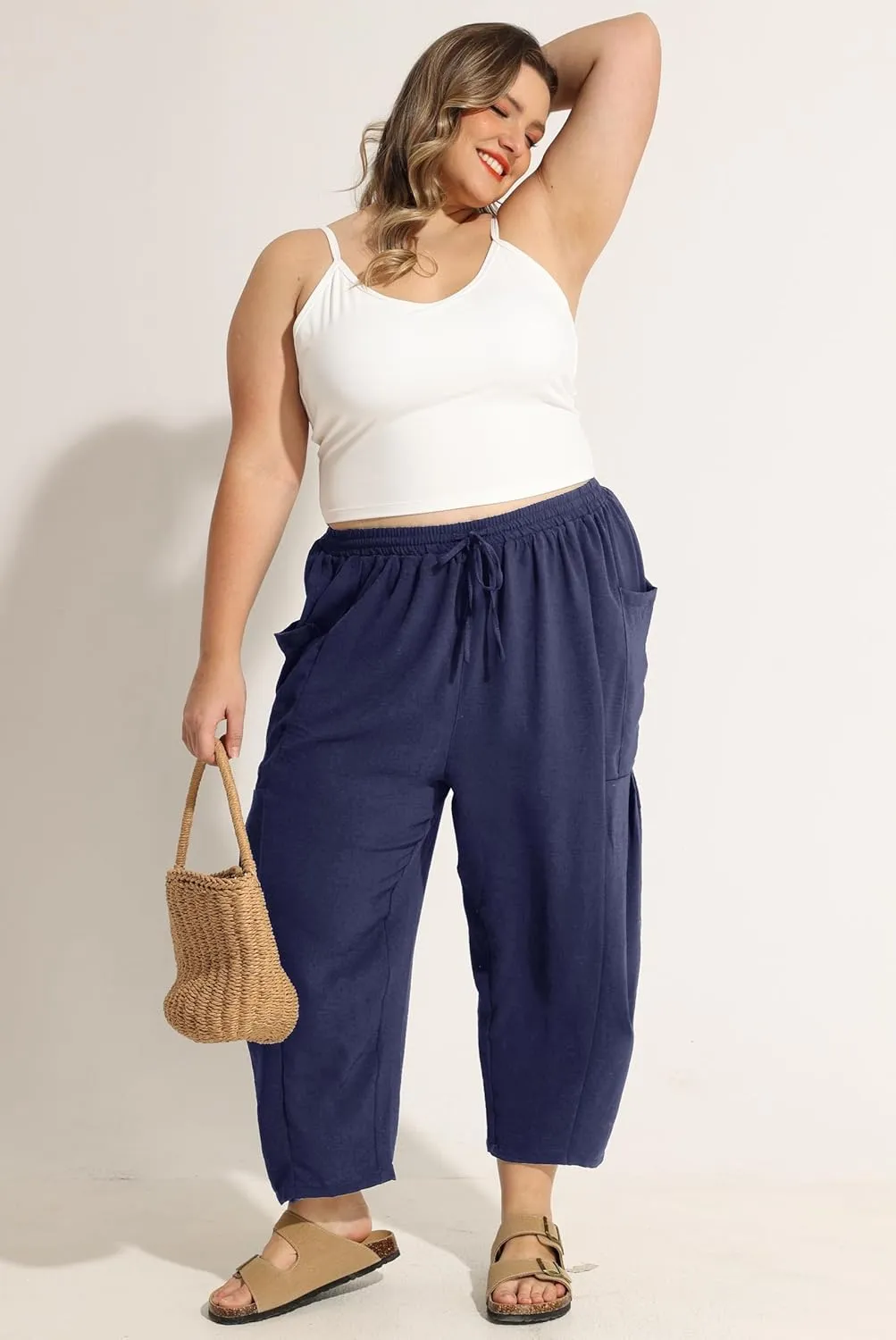 CARCOS Plus Size Pants Womens Summer Palazzo Harem Pants Drawstring Lantern Beach Pant Ankle Vacation Pant with Pocket Xl-5XL