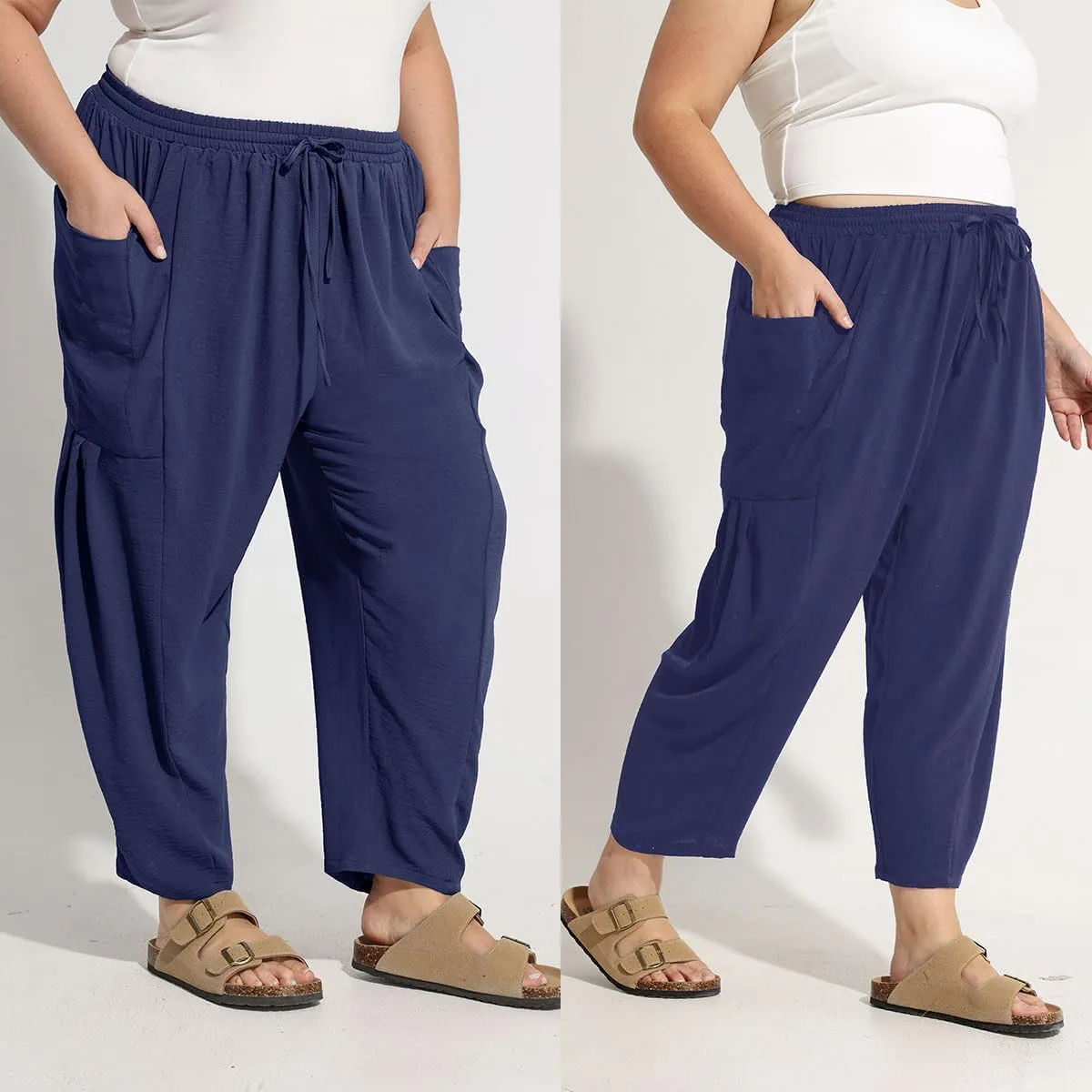 CARCOS Plus Size Pants Womens Summer Palazzo Harem Pants Drawstring Lantern Beach Pant Ankle Vacation Pant with Pocket Xl-5XL