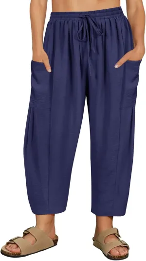 CARCOS Plus Size Pants Womens Summer Palazzo Harem Pants Drawstring Lantern Beach Pant Ankle Vacation Pant with Pocket Xl-5XL