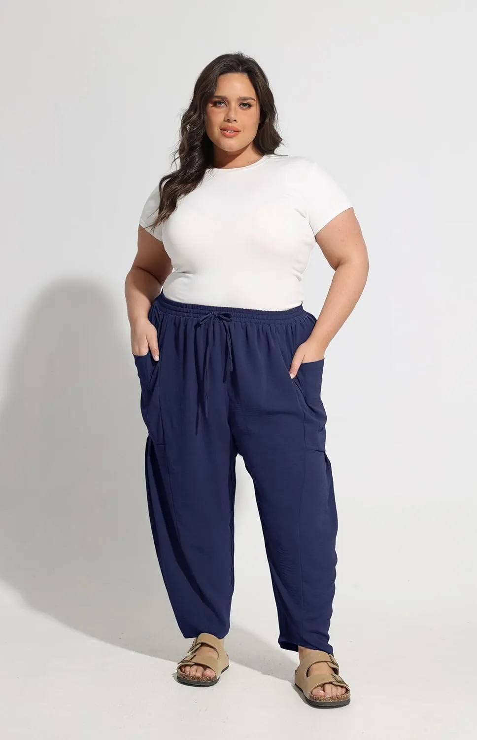 CARCOS Plus Size Pants Womens Summer Palazzo Harem Pants Drawstring Lantern Beach Pant Ankle Vacation Pant with Pocket Xl-5XL