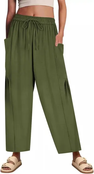 CARCOS Plus Size Pants Womens Summer Palazzo Pants Drawstring Wide Leg Harem Beach Pant with Pockets Vacation Outfits XL-5XL