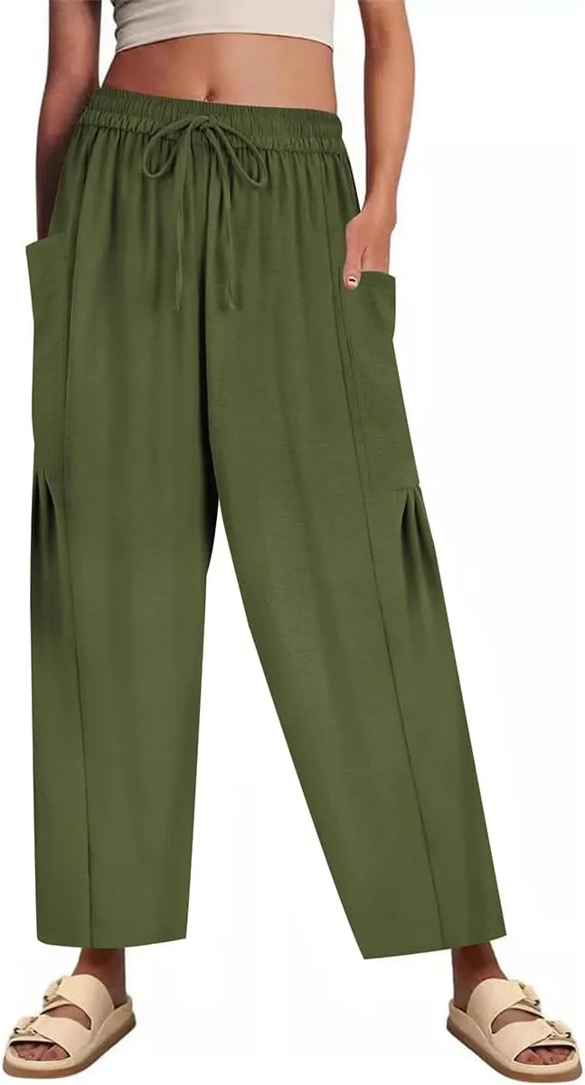 CARCOS Plus Size Pants Womens Summer Palazzo Pants Drawstring Wide Leg Harem Beach Pant with Pockets Vacation Outfits XL-5XL