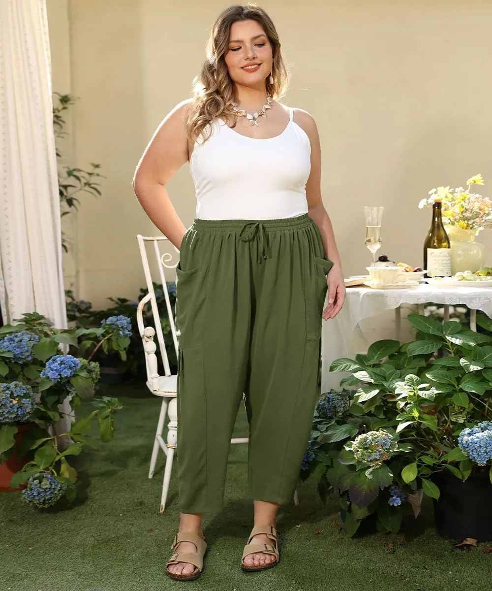 CARCOS Plus Size Pants Womens Summer Palazzo Pants Drawstring Wide Leg Harem Beach Pant with Pockets Vacation Outfits XL-5XL