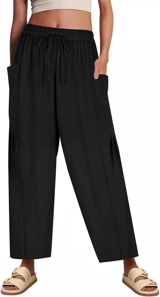 CARCOS Plus Size Pants Womens Summer Palazzo Pants Drawstring Wide Leg Harem Beach Pant with Pockets Vacation Outfits XL-5XL