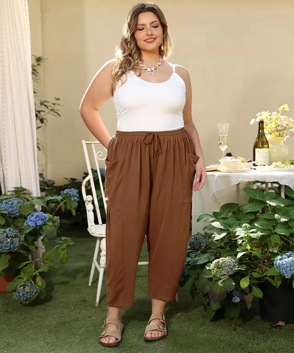 CARCOS Plus Size Pants Womens Summer Palazzo Pants Drawstring Wide Leg Harem Beach Pant with Pockets Vacation Outfits XL-5XL