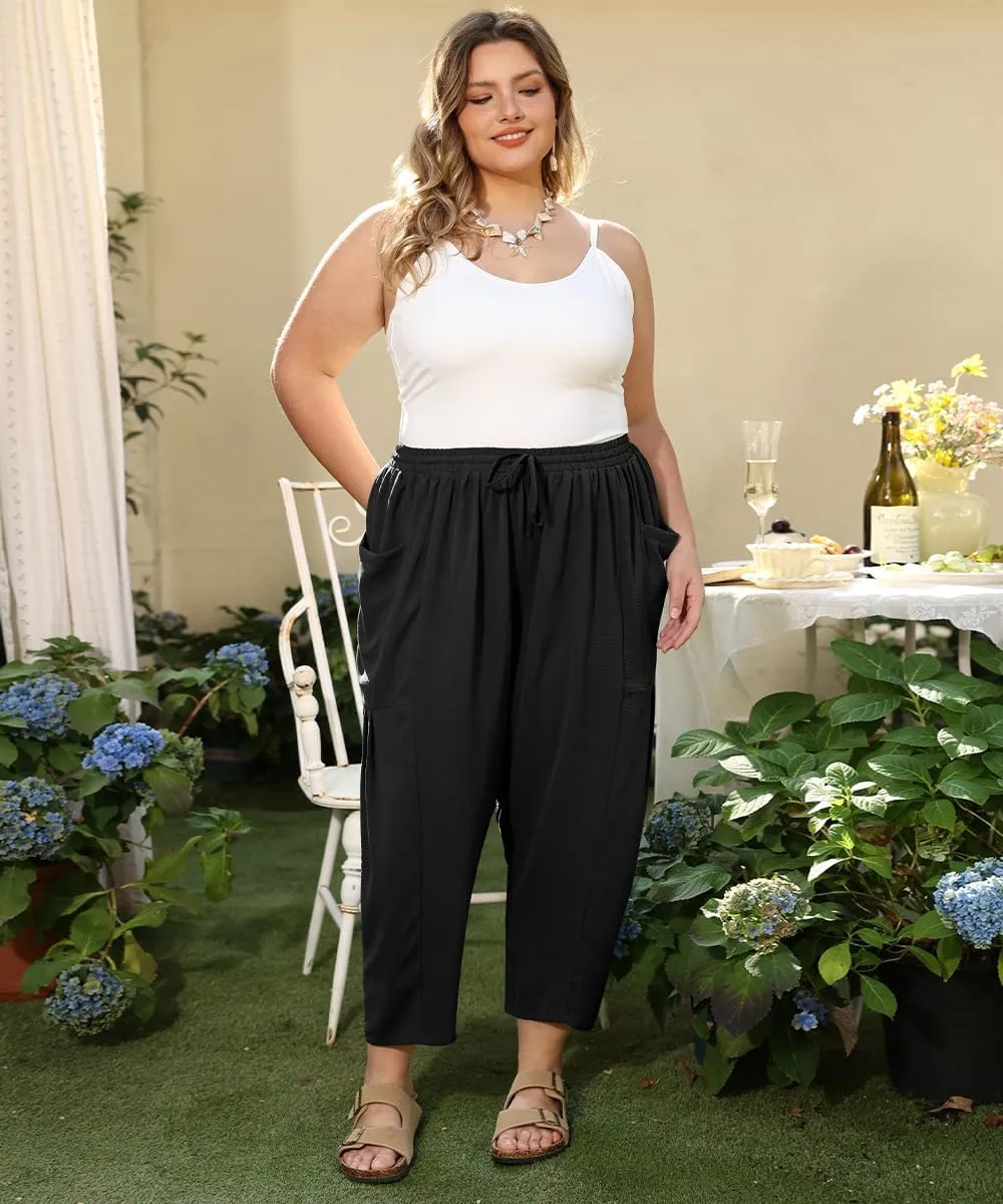 CARCOS Plus Size Pants Womens Summer Palazzo Pants Drawstring Wide Leg Harem Beach Pant with Pockets Vacation Outfits XL-5XL