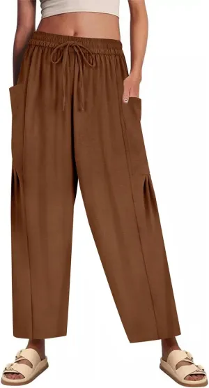 CARCOS Plus Size Pants Womens Summer Palazzo Pants Drawstring Wide Leg Harem Beach Pant with Pockets Vacation Outfits XL-5XL