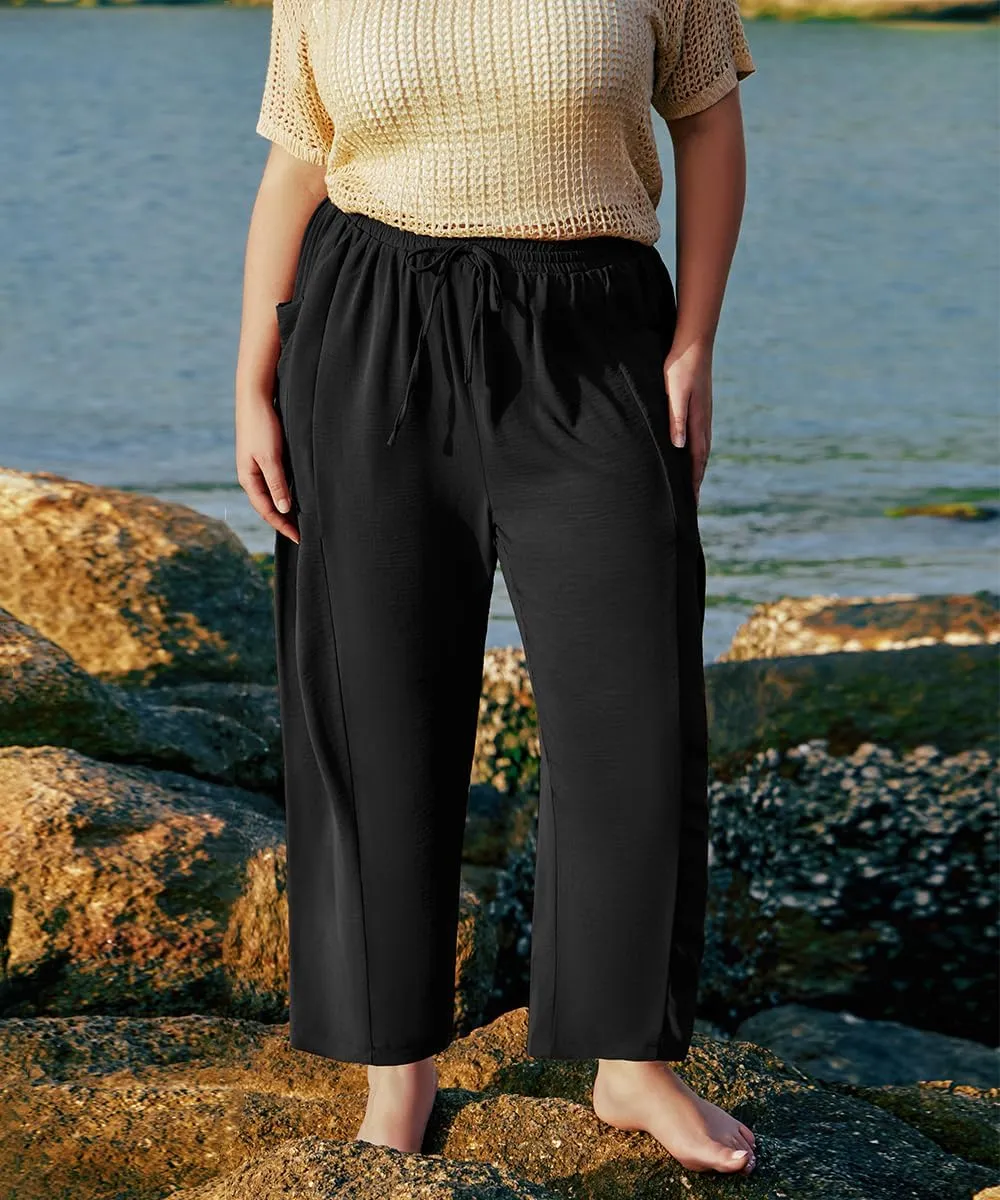 CARCOS Plus Size Pants Womens Summer Palazzo Pants Drawstring Wide Leg Harem Beach Pant with Pockets Vacation Outfits XL-5XL