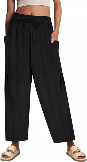 CARCOS Plus Size Pants Womens Summer Palazzo Pants Drawstring Wide Leg Harem Beach Pant with Pockets Vacation Outfits XL-5XL