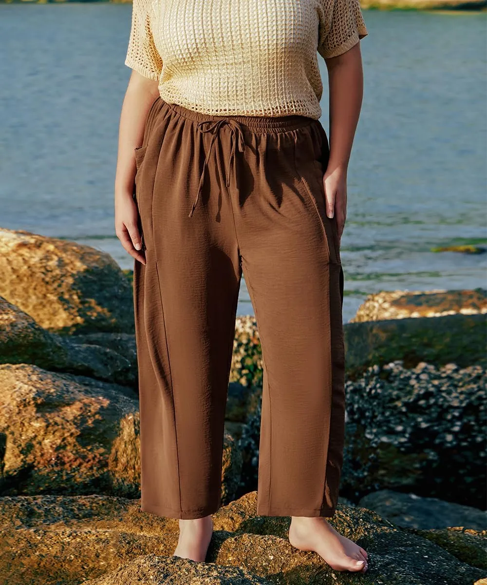 CARCOS Plus Size Pants Womens Summer Palazzo Pants Drawstring Wide Leg Harem Beach Pant with Pockets Vacation Outfits XL-5XL
