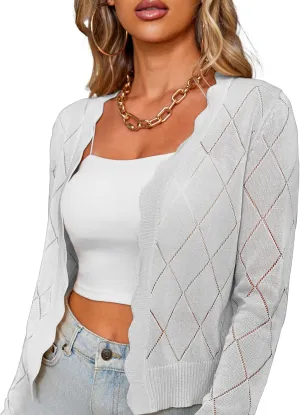 CARDYDONY Women's Long Sleeve Cropped Cardigan Sweaters Open Front Hollow Out Shrugs S-XL