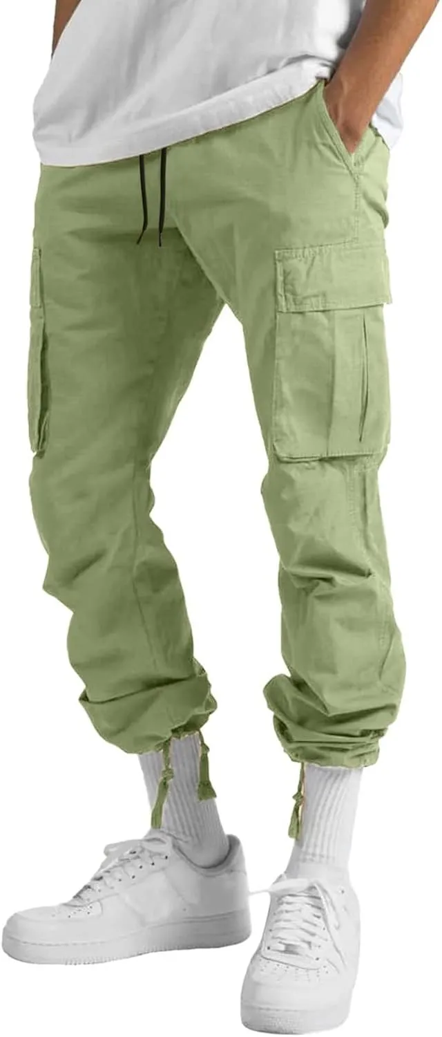 Cargo Pants for Men Men's Solid Cargo Hiking Pants Jogger Sweatpants Drawtring Outdoor Trousers with Multi-Pocket