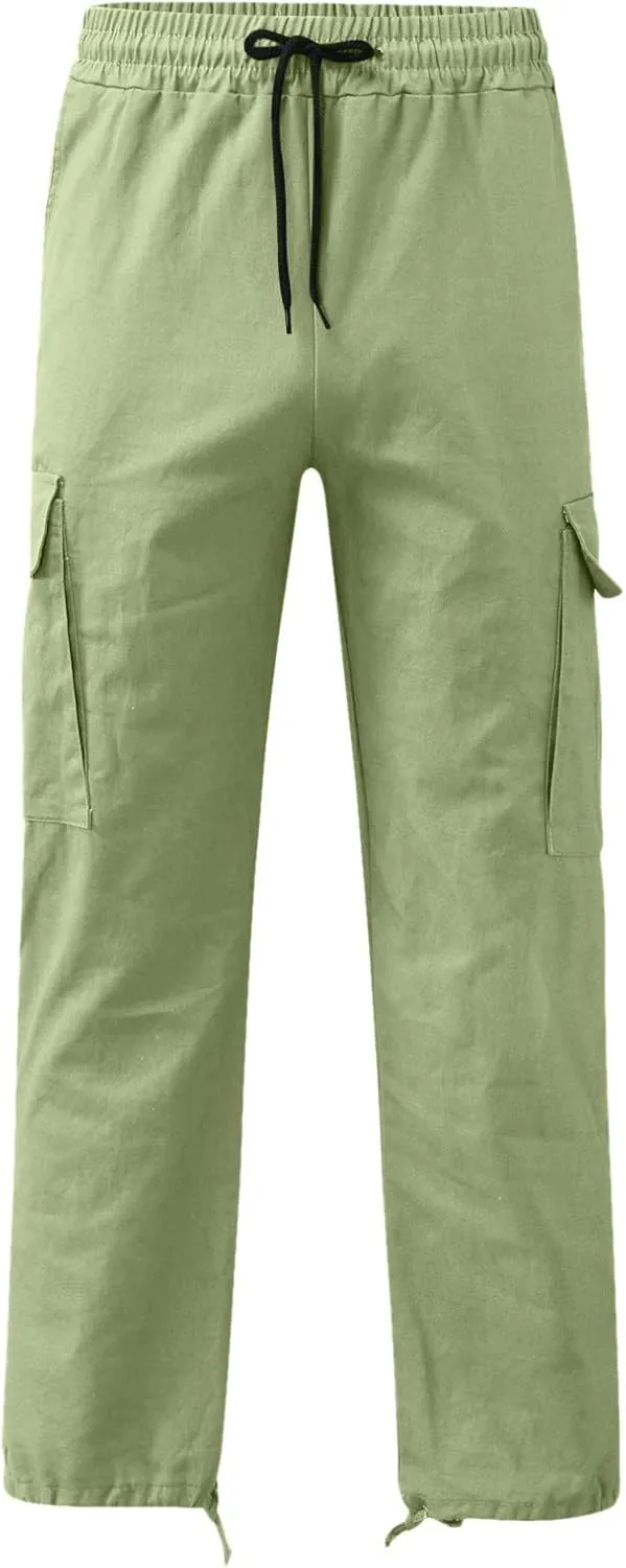 Cargo Pants for Men Men's Solid Cargo Hiking Pants Jogger Sweatpants Drawtring Outdoor Trousers with Multi-Pocket