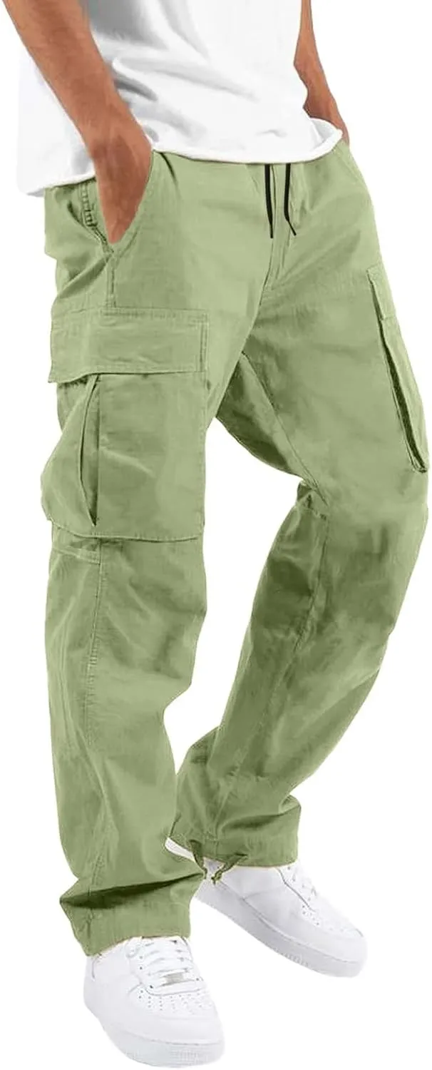 Cargo Pants for Men Men's Solid Cargo Hiking Pants Jogger Sweatpants Drawtring Outdoor Trousers with Multi-Pocket