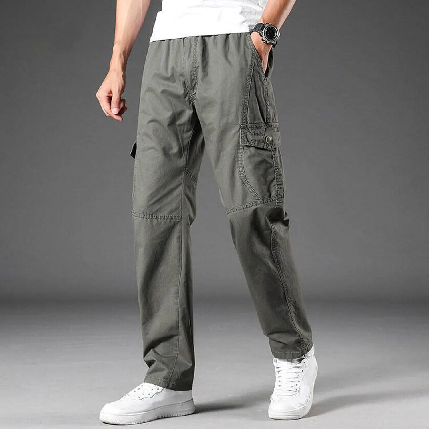 Cargo Pants for Men's Trendy Multi-Pocket Solid Color Plus Size Full Length Trouser Loose Comfy Wide Leg Sweatpant